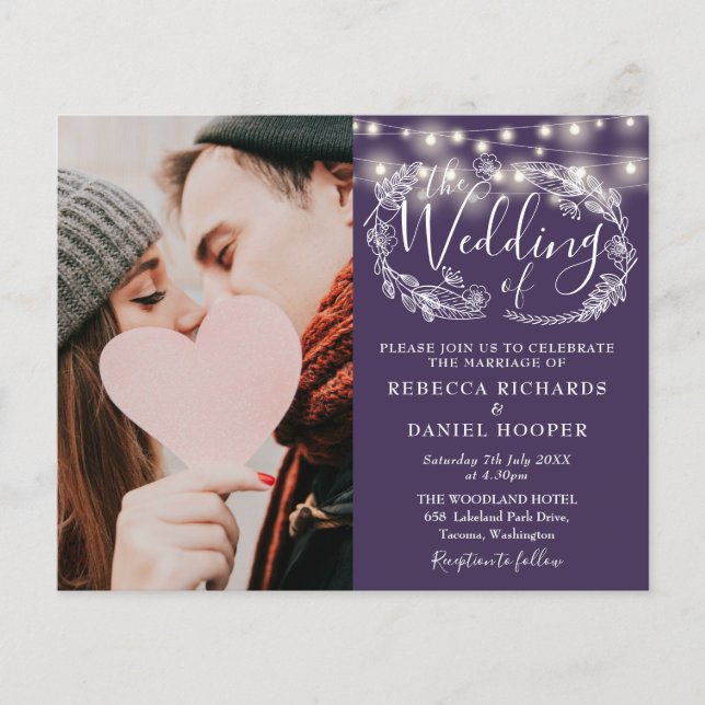 Budget Purple Wedding Details Photo Invite (Front)