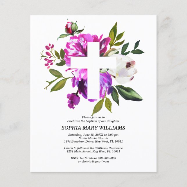 Budget Purple & White Cross Baptism Invitation (Front)