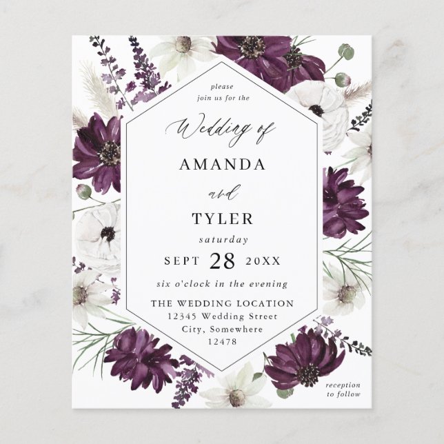 Budget Purple & White Floral Wedding Flyer (Front)