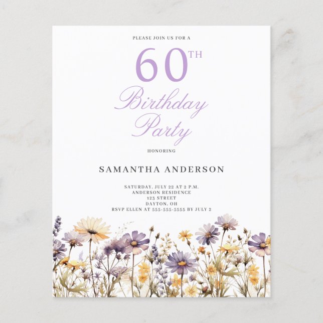 Budget Purple Wildflower 60th Birthday Invitation Flyer (Front)