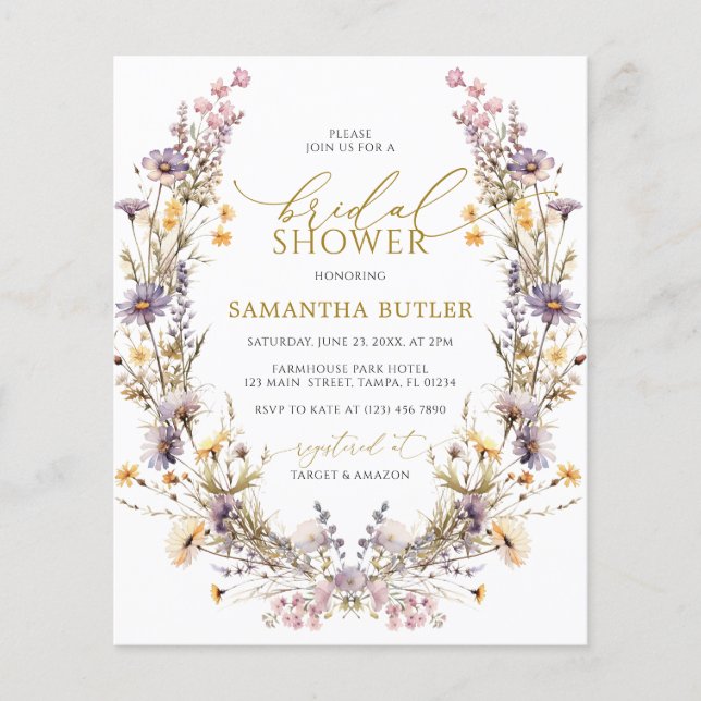 Budget Purple Wildflowers Bridal Shower Invitation (Front)