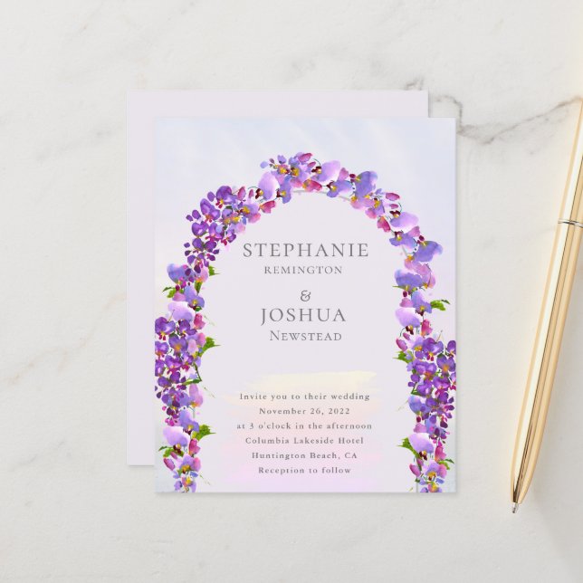 Budget Purple Wisteria Floral Wedding Invitation (Front/Back In Situ)