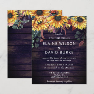 Budget Purple Wood Sunflowers Wedding Invitation