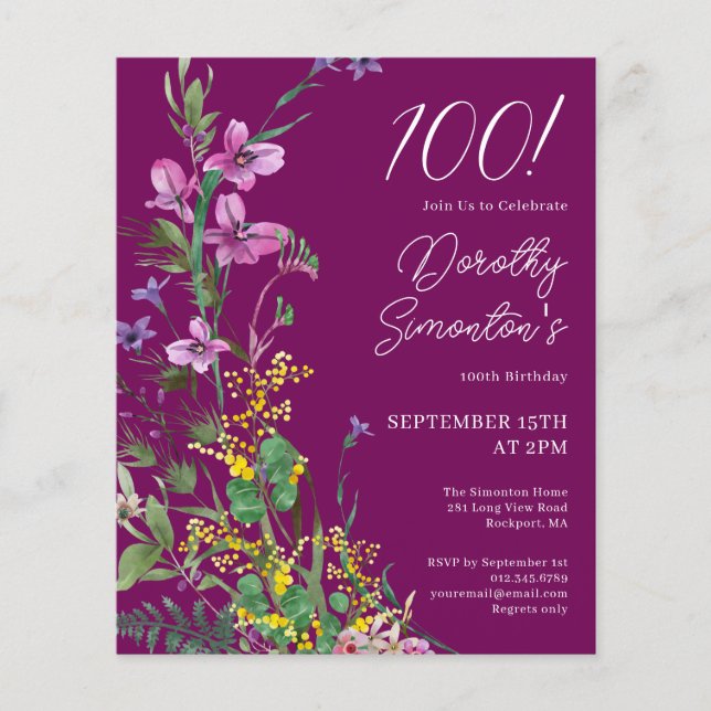 BUDGET Purple Yellow Floral 100th Birthday Invite (Front)