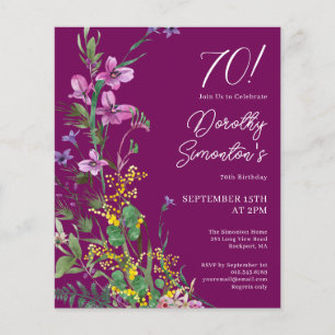 BUDGET Purple Yellow Floral 70th Birthday Invite