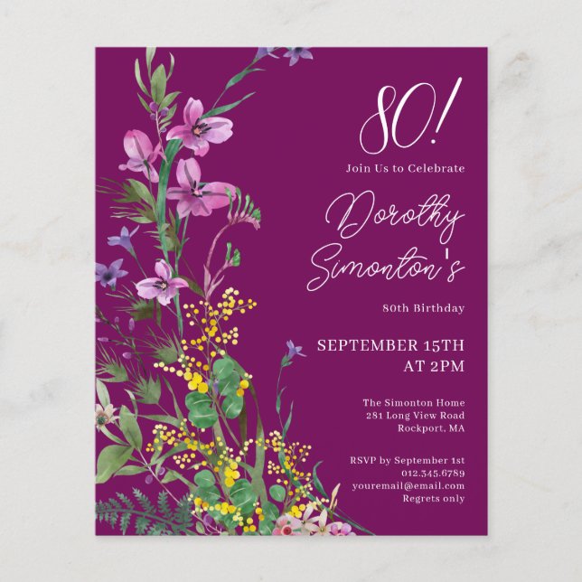 BUDGET Purple Yellow Floral 80th Birthday Invite (Front)