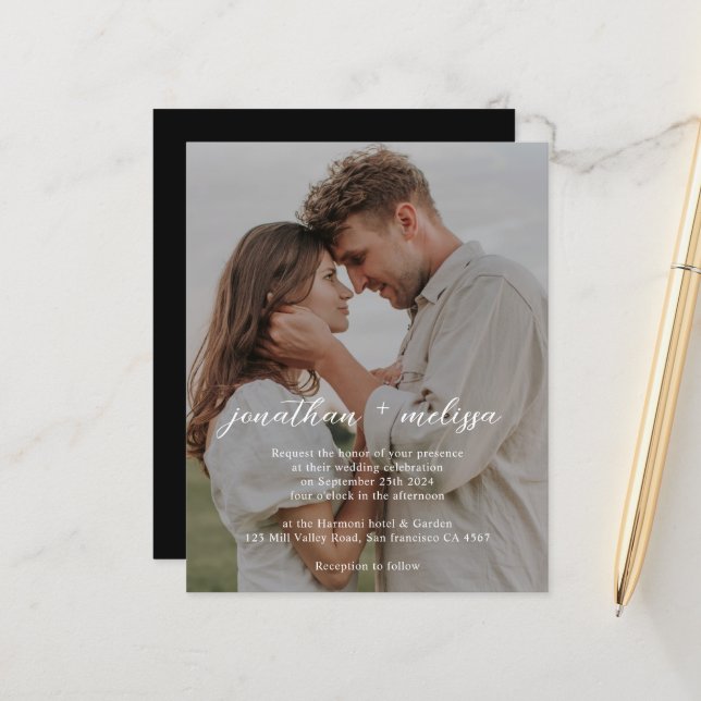 BUDGET QR Code Black Elegant Stylish Photo Wedding (Front/Back In Situ)
