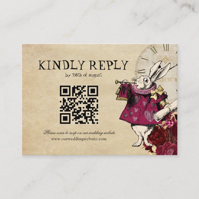 BUDGET QR Code Burgundy Alice Wonderland Wedding Enclosure Card (Front)