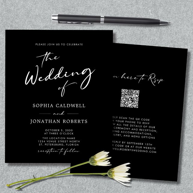 Budget QR Code Calligraphy Black and White Wedding Flyer (Budget QR Code Modern Calligraphy Black and White Wedding Invitation Flyer)