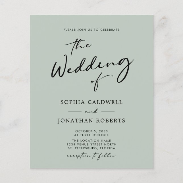 Budget QR Code Calligraphy Sage Wedding Invite (Front)