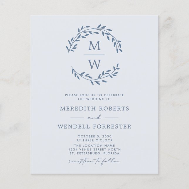Budget QR Code Dusty Blue Monogram Wedding Flyer (Front)