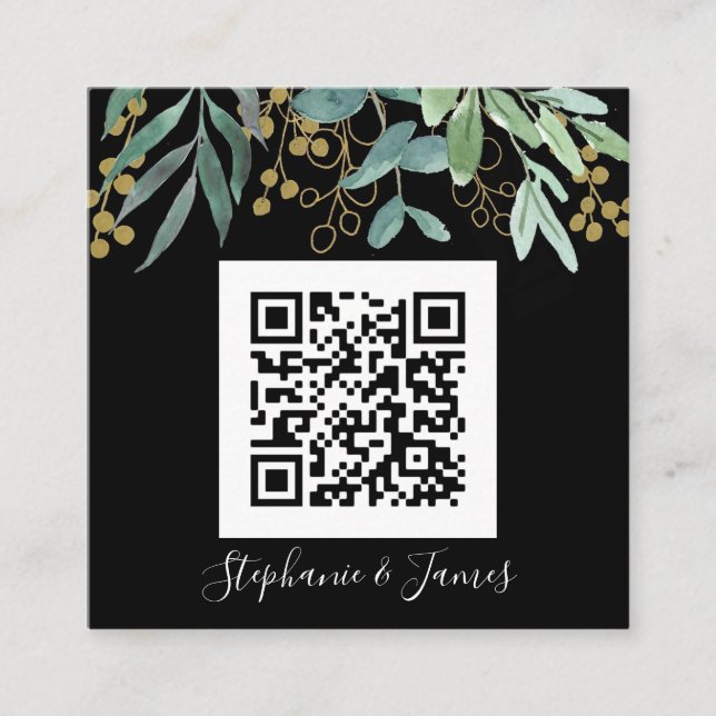 Budget QR Code Eucalyptus Black Wedding Invitation (Front)