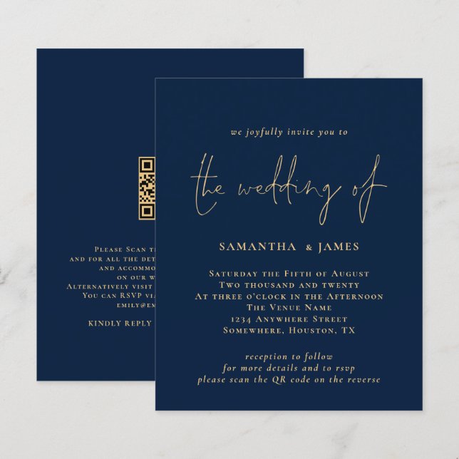 Budget QR Code Gold Navy Wedding Invitation (Front/Back)