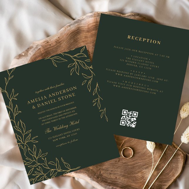 Budget QR Code Green Gold Wedding Invitation (Creator Uploaded)