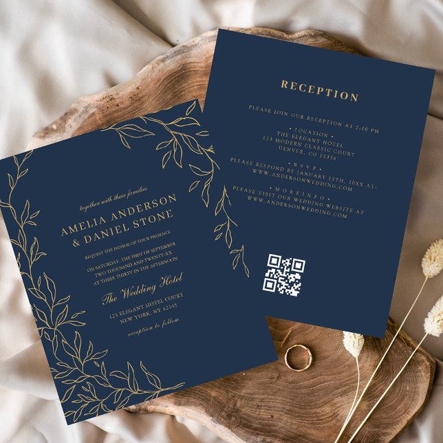 Budget QR Code Navy Blue Gold Wedding Invitation (Creator Uploaded)