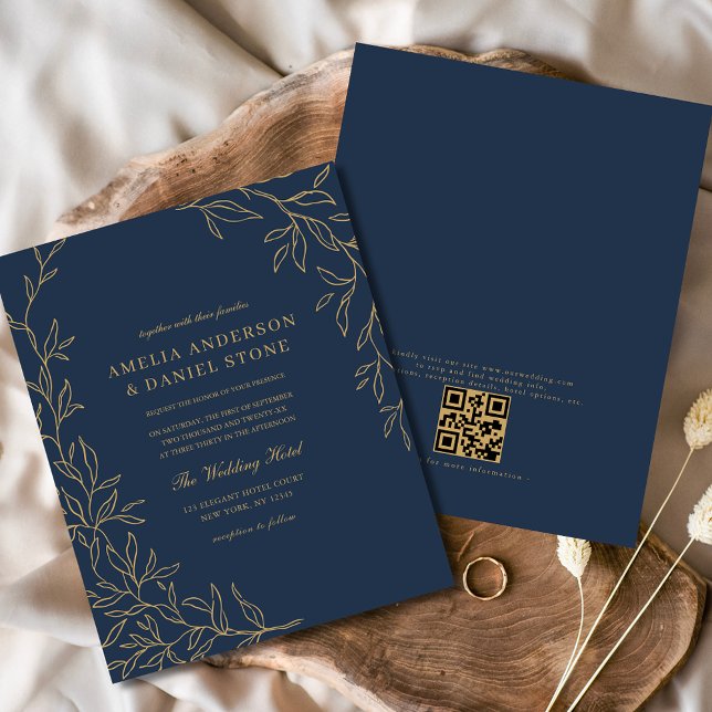 Budget QR Code Navy Blue Gold Wedding Invitation (Creator Uploaded)