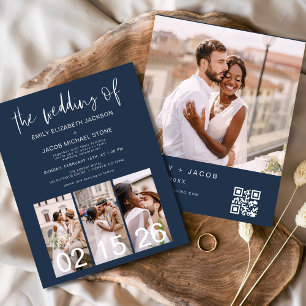 Budget QR Code Navy Blue Wedding Invitation