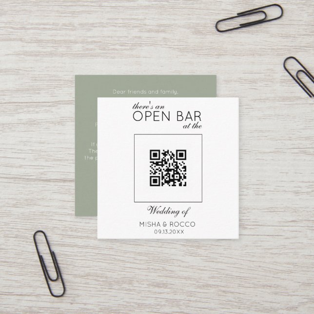 Budget QR Code Open Bar Minimalist Sage Wedding Square Business Card (Front/Back In Situ)