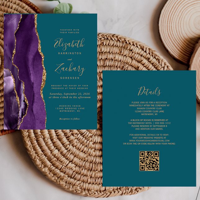 Budget QR Code Purple Gold Agate Teal Wedding (Creator Uploaded)