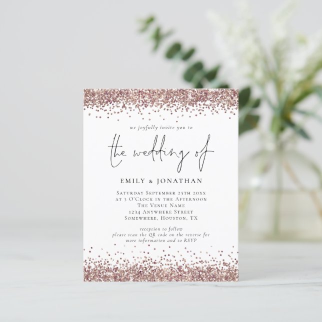 Budget QR Code Rose Gold Glitter Wedding Invite (Standing Front)
