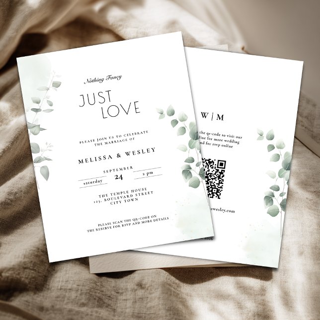 Budget QR Code Trendy Greenery Wedding Invitation (Nothing fancy just love wedding invitation with greenery eucalyptus details.)