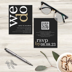 BUDGET QR Code White Gold Black Wedding Invite