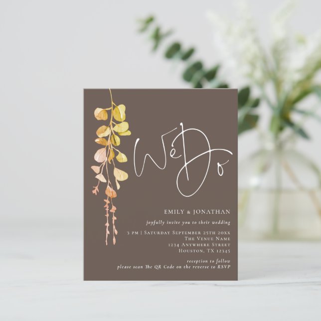 Budget QR Eucalyptus Earthy We Do Wedding Invite (Standing Front)