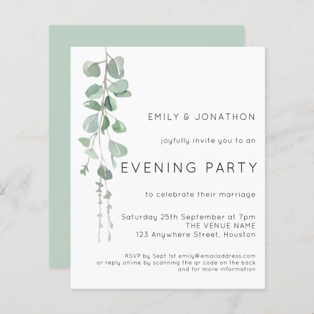 Budget QR Eucalyptus Wedding Evening Party Invite (Front/Back)