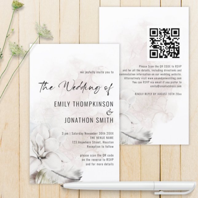 Budget QR White Floral Watercolor Wedding Invite (Creator Uploaded)
