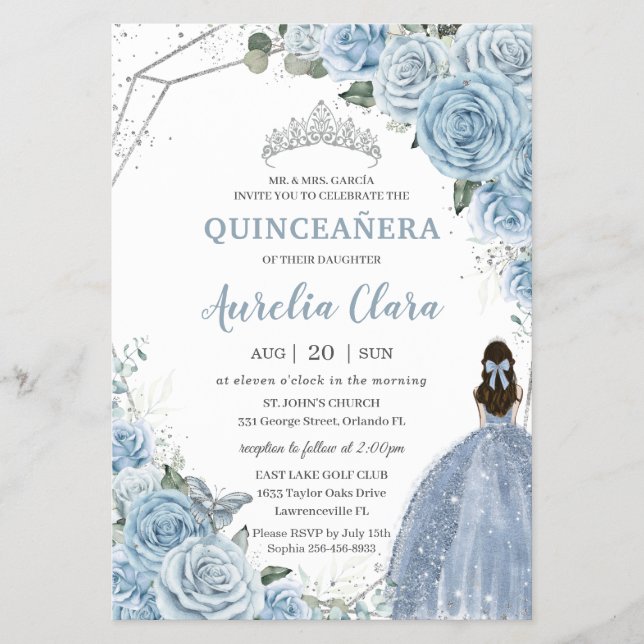 Budget Quinceanera 15 Baby Blue Floral Invitation Flyer (Front)