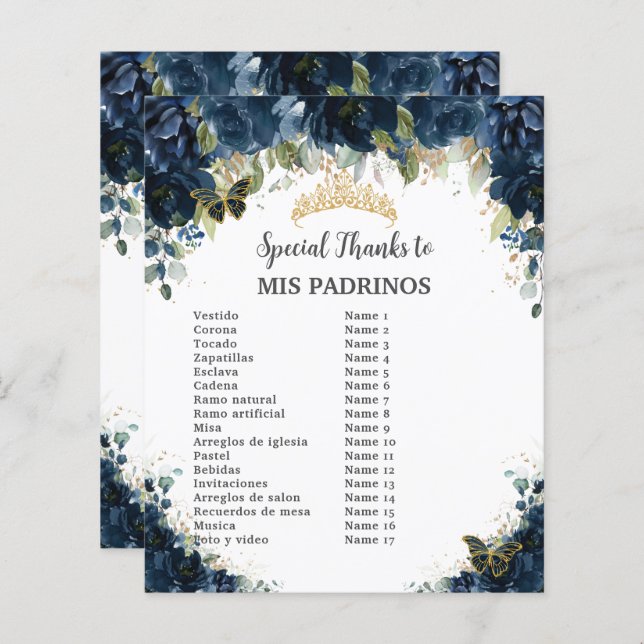 Budget Quinceañera 15 Navy Floral Padrinos Corte (Front/Back)
