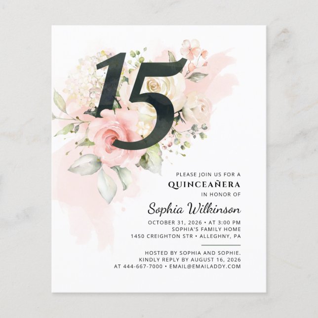 Budget Quinceanera 15th Birthday Floral Botanical (Front)