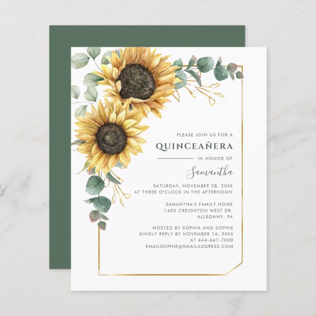 Budget Quinceanera 15th Birthday Sunflower Invite (Front/Back)