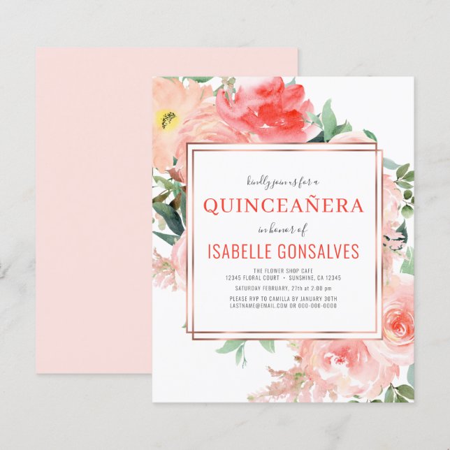 Budget QUINCEAÑERA Birthday Peach Coral Invitation (Front/Back)