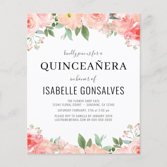 Budget QUINCEAÑERA Birthday Peach Coral Invitation Flyer (Front)