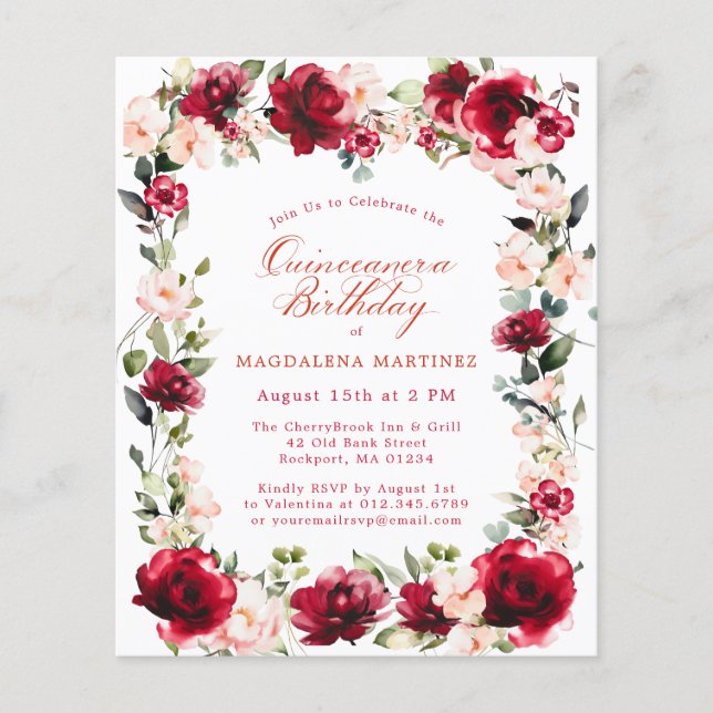 BUDGET Quinceanera Birthday Red Rose Pink Peony (Front)