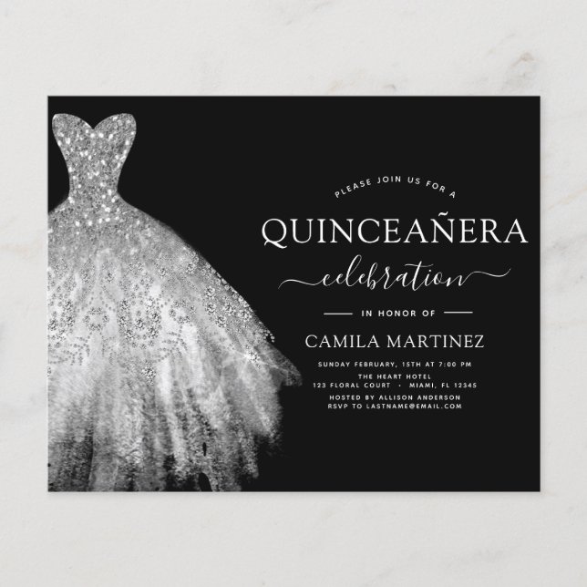 Budget Quinceanera Black and Silver Glitter Flyer (Front)