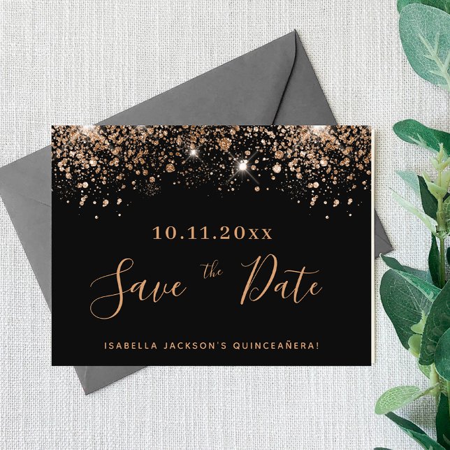 Budget Quinceanera black glitter save the date (Creator Uploaded)