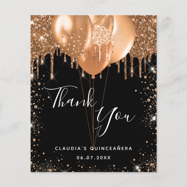 Budget Quinceanera black gold glitter thank you (Front)