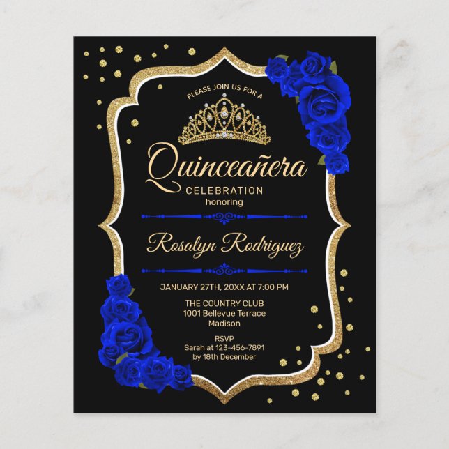 Budget Quinceanera -  Black Gold Royal Blue Invite Flyer (Front)