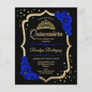 Budget Quinceanera -  Black Gold Royal Blue Invite Flyer