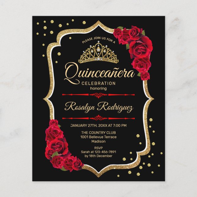 Budget Quinceanera - Black Red Gold Invitation Flyer (Front)