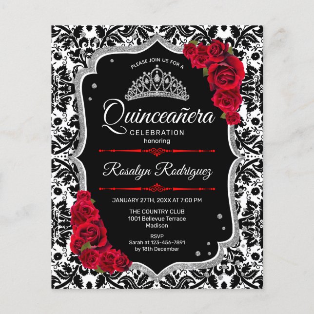 Budget Quinceanera - Black Red Silver Invite Flyer (Front)