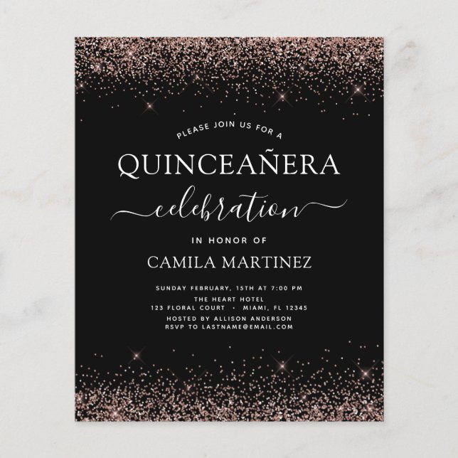 Budget Quinceanera Black Rose Gold Blush Pink Flyer (Front)