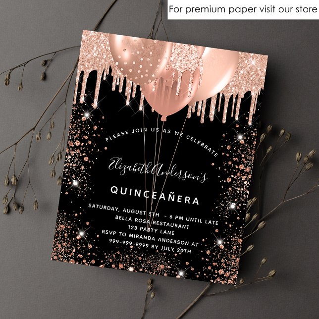 Budget Quinceanera black rose gold invitation (Creator Uploaded)