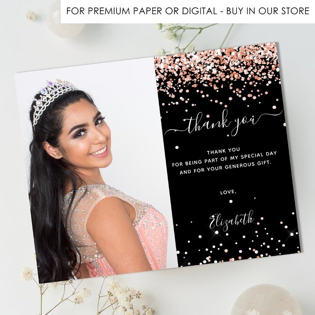 Budget Quinceanera black rose gold photo thank you (Creator Uploaded)