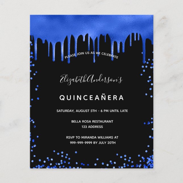 Budget Quinceanera black royal blue invitation (Front)
