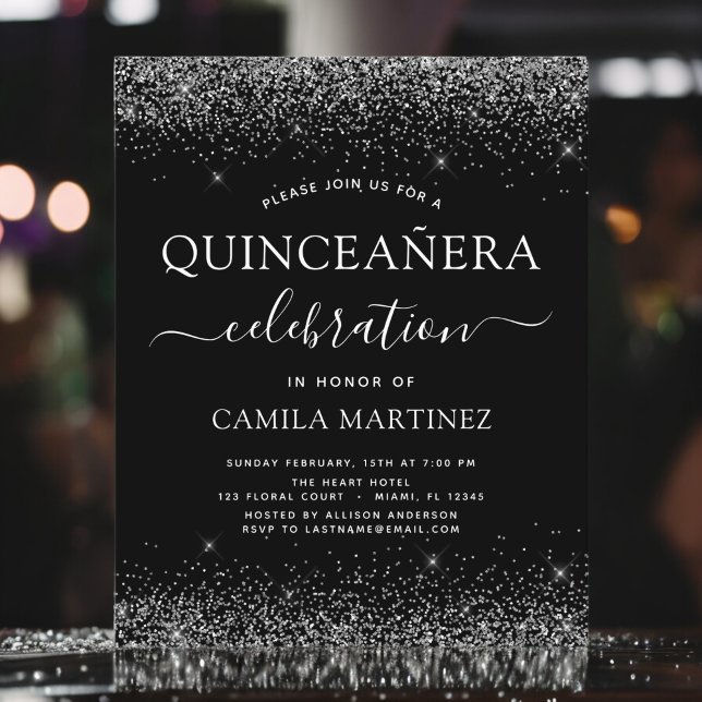 Budget Quinceanera Black Silver Glitter Invitation (Creator Uploaded)