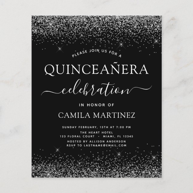 Budget Quinceanera Black Silver Glitter Invitation Flyer (Front)