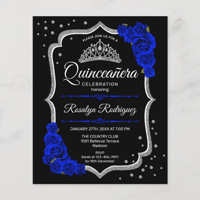 Budget Quinceanera Black Silver Royal Blue Invite Flyer (Front)